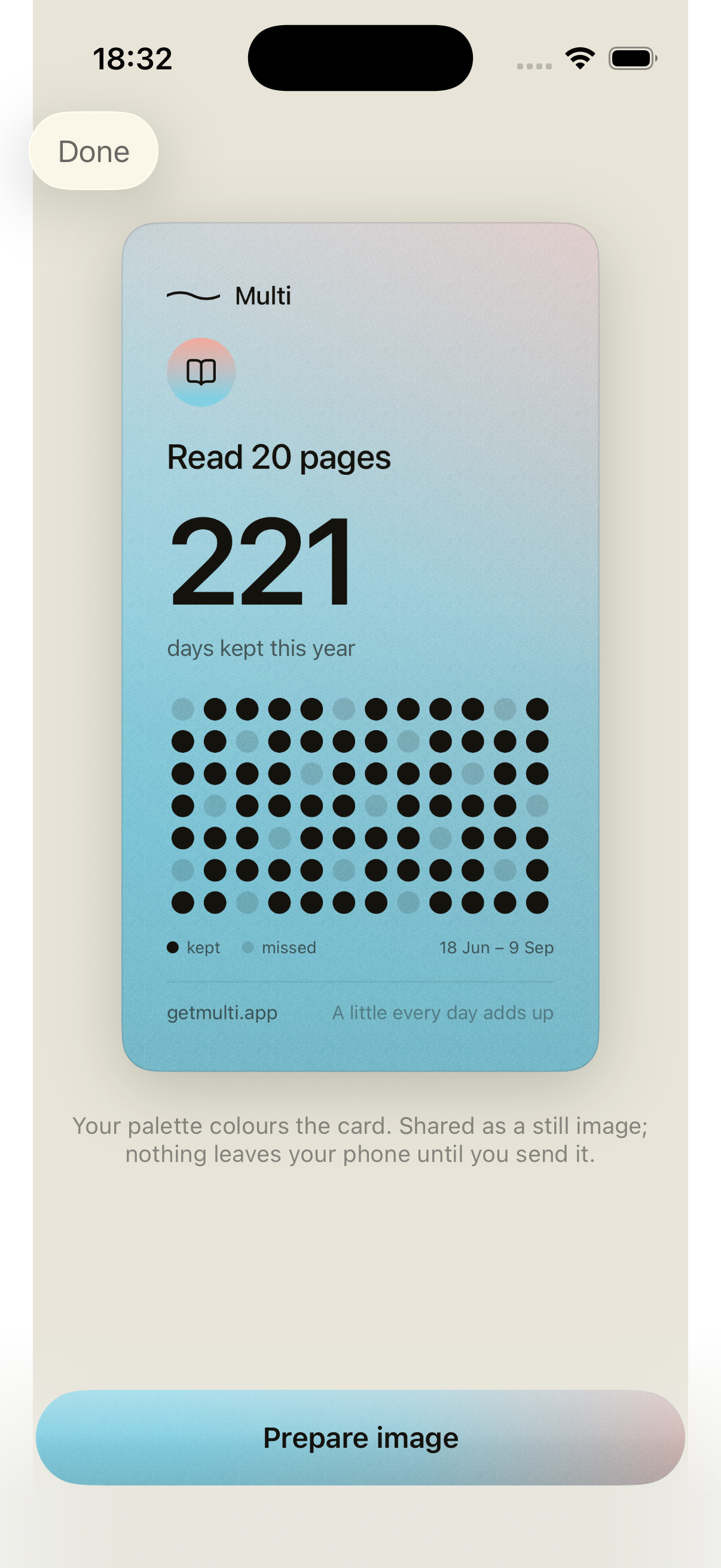 Multi reading share card: 221 days kept this year, with a recent-history dot grid and a blue and pink palette